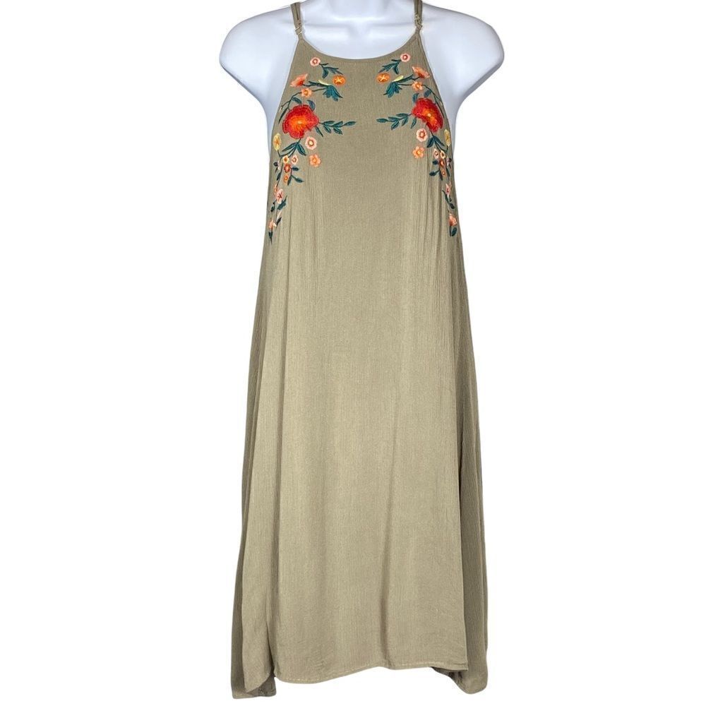 Boho Floral Embroidered Halter Mini Dress Olive Green Swing Keyhole Back